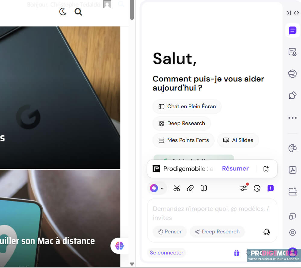 Capture de Sider AI assistant sur Chrome avec fonctions résumé et génération de texte