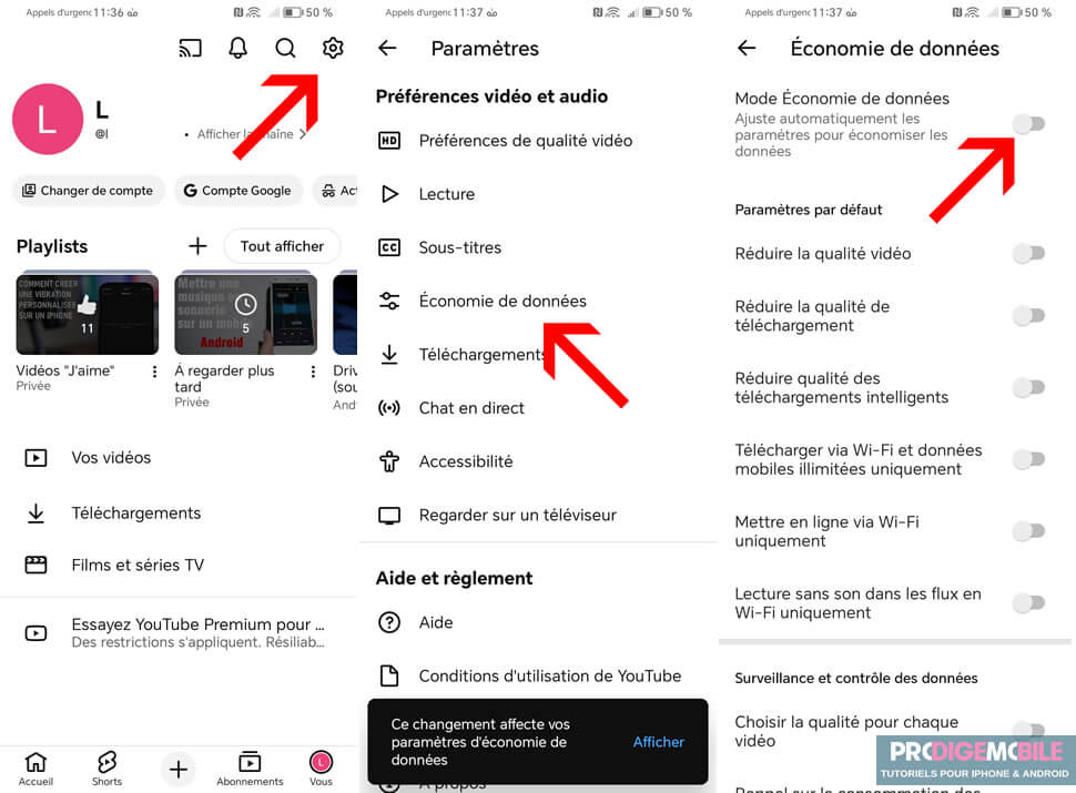 Capture d’écran montrant l’activation du mode économie de données dans les paramètres YouTube sur smartphone Android.