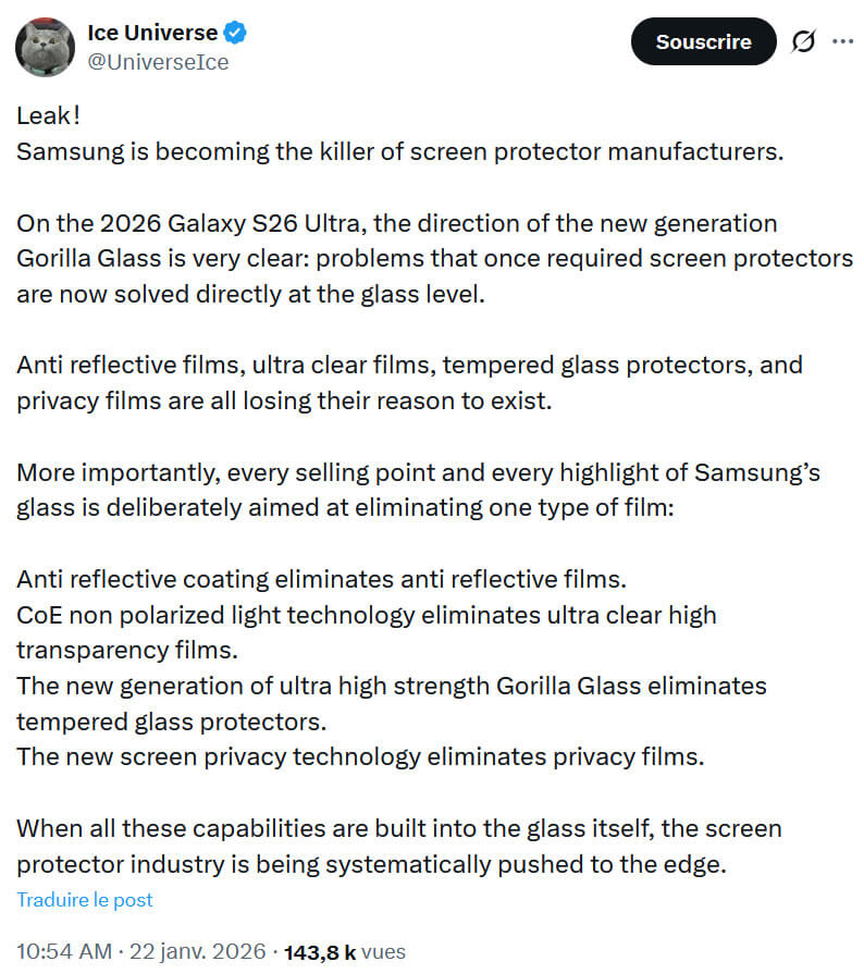 Tweet de Ice Universe sur le Galaxy S26 Ultra et son nouvel écran Gorilla Glass ultra résistant