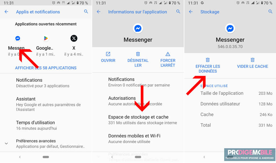 Suppression des données de l’application Messenger sur Android pour forcer la déconnexion