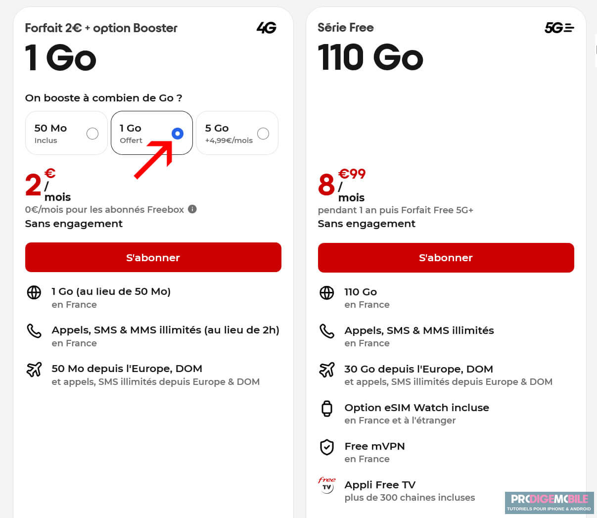 Évolution du forfait Free à 2 euros avec l’option Booster 1 Go offert