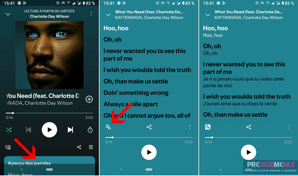 Paroles traduites affichées sous les paroles originales sur Spotify pendant la lecture