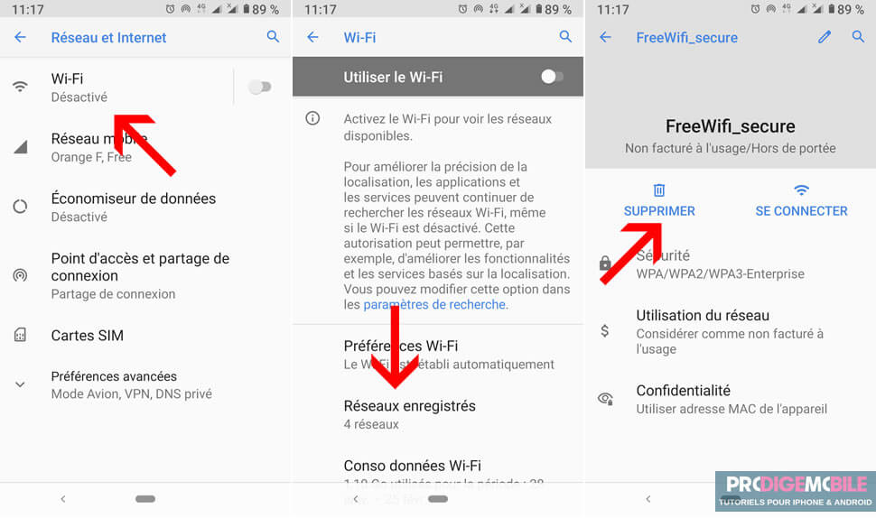 Suppression du réseau FreeWifi Secure dans les paramètres WiFi d’un smartphone Android