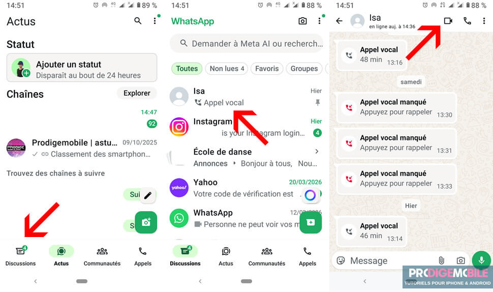Procédure à suivre pour lancer un appel vidéo dans l’application WhatsApp