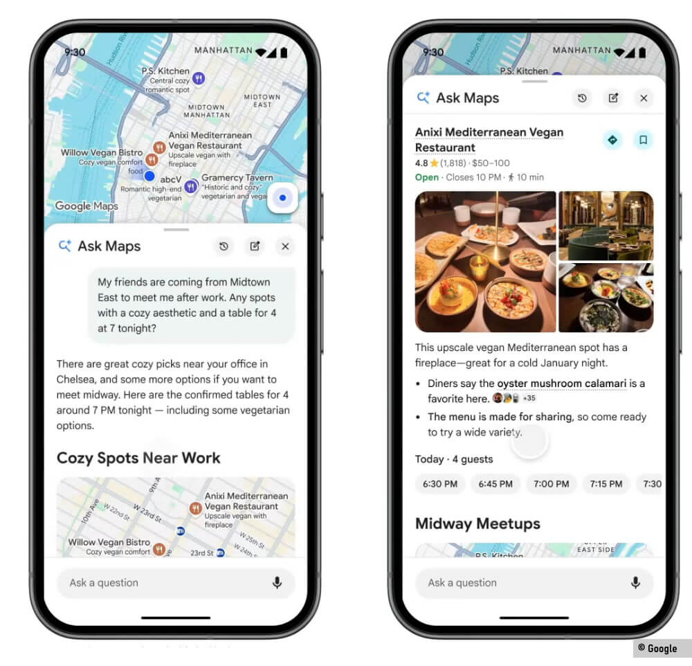Suggestions de restaurants personnalisées générées par Ask Maps dans l’application Google Maps