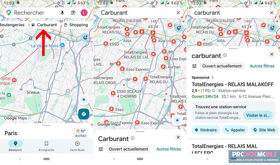 Bouton stations-service dans Google Maps pour afficher les pompes à essence proches