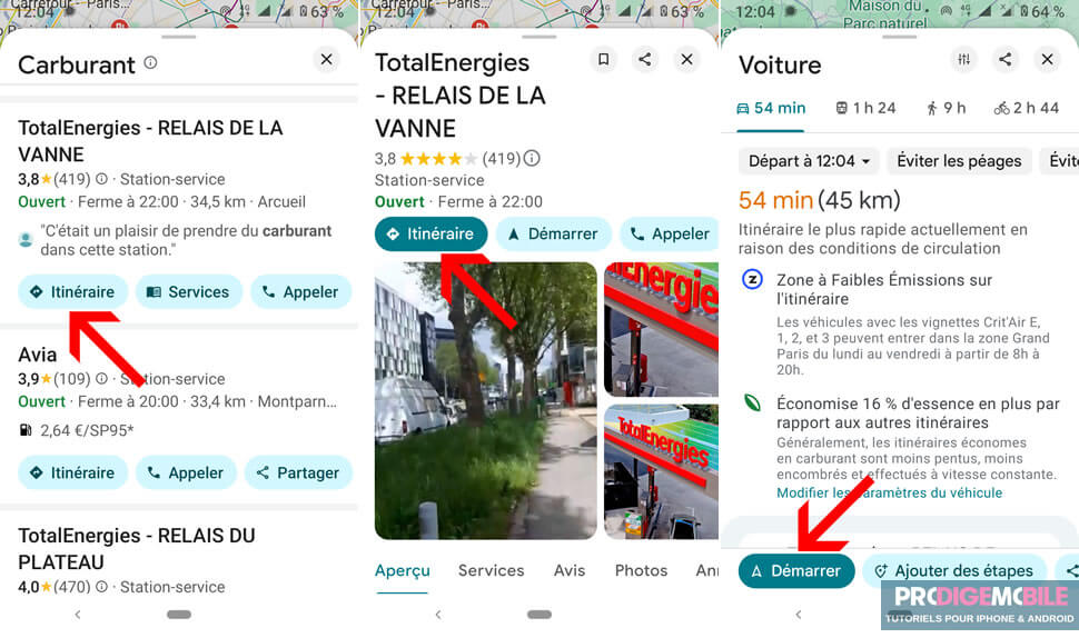 Lancer un itinéraire vers une station d’essence avec Google Maps