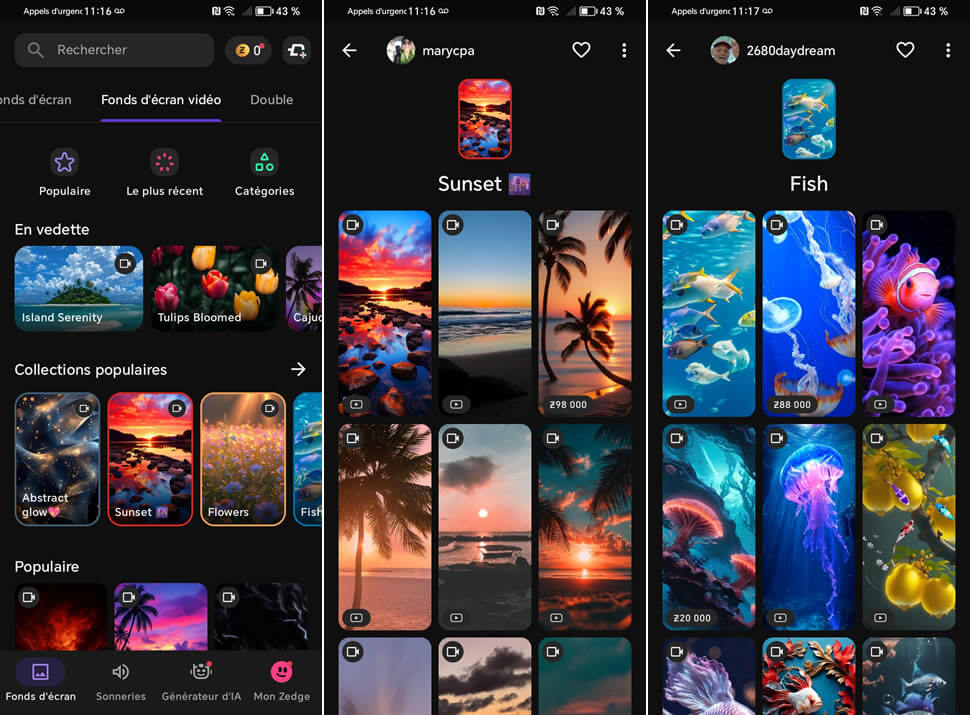 Fond d’écran animé Zedge sur smartphone Android avec effet dynamique et visuel immersif
