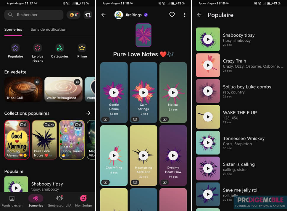 Bibliothèque de sonneries et sons de notification sur l’application Zedge