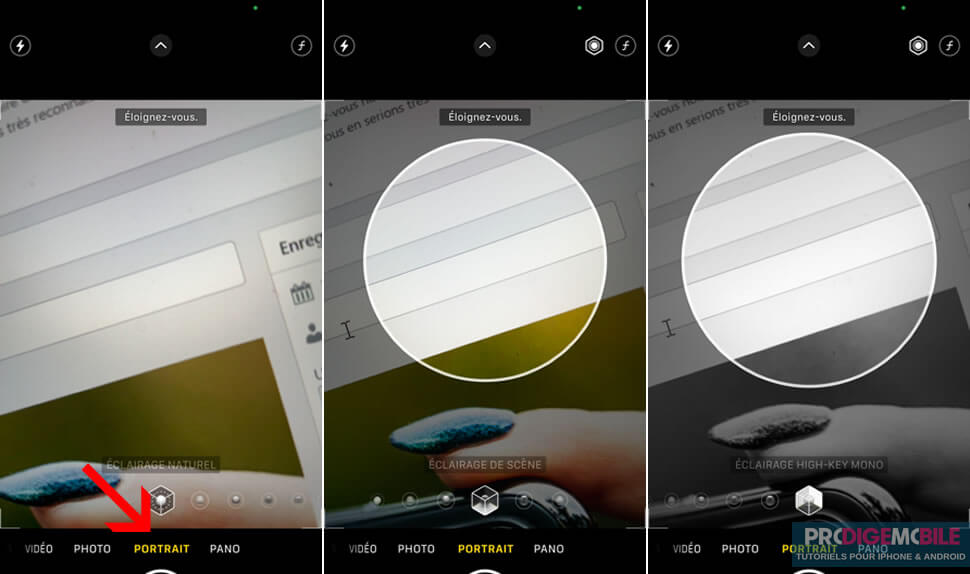 Écran de l’application Appareil photo sur iPhone avec le mode Portrait sélectionné