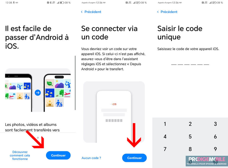 Code affiché sur un iPhone pour connecter un smartphone Android avec Migrer vers iOS