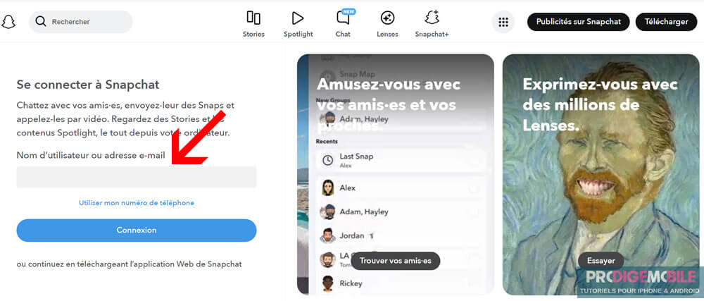 Entrer vos identifiants pour vous connecter à Snapchat web