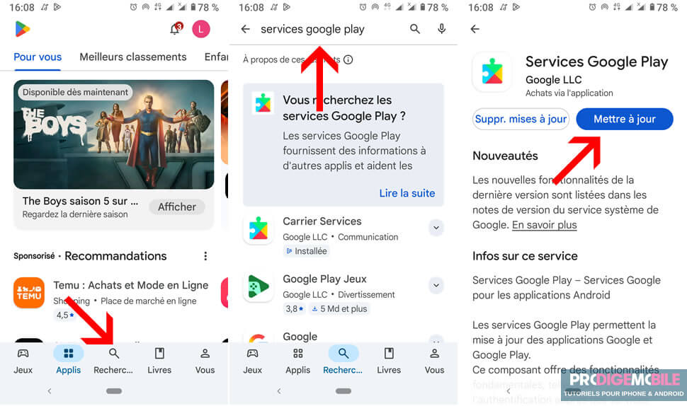 Téléphone Android en train de télécharger une mise à jour des Services Google Play