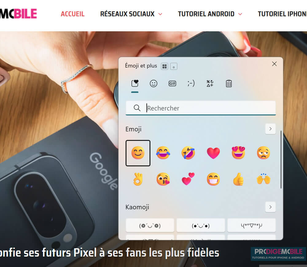 Interface du panneau emojis sur Windows 11 avec catégories et barre de recherche