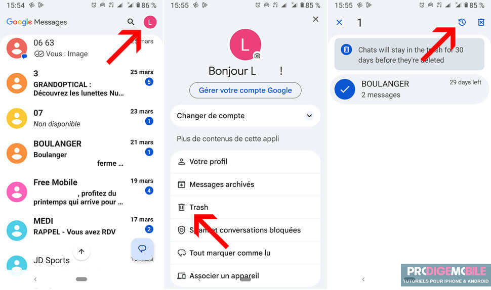 Restaurer une conversation supprimé dans Google Messages