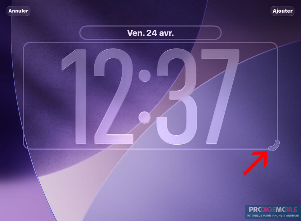 Redimensionnement de l’horloge sur iPhone avec la poignée de réglage sur iOS
