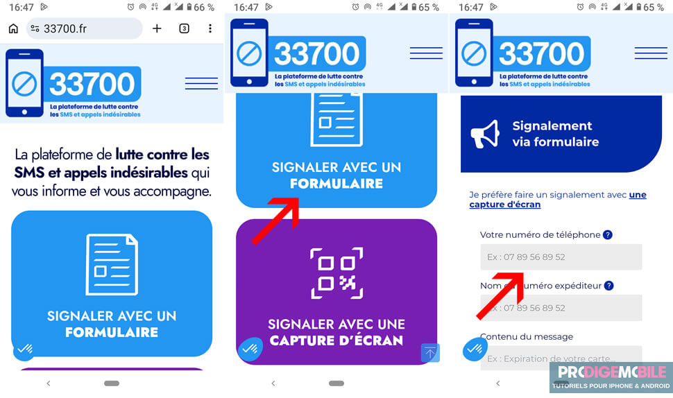 Signaler un SMS frauduleux au 33700 depuis un téléphone