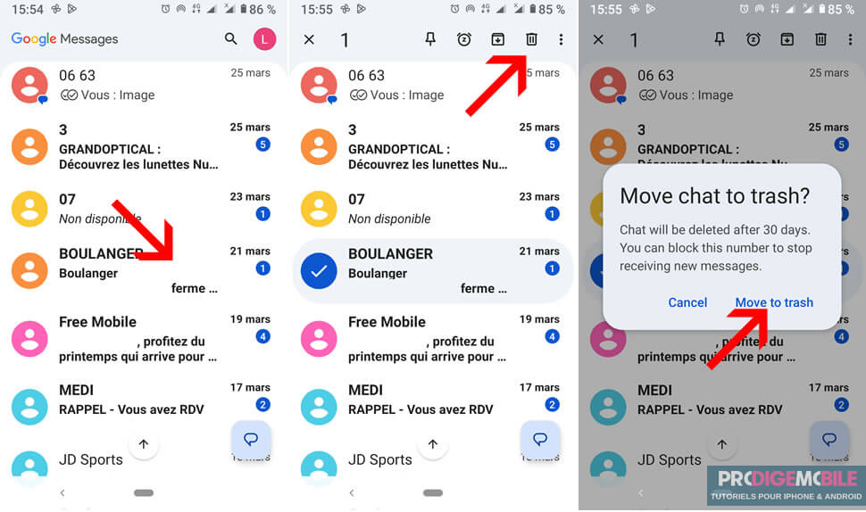 Suppression d’une conversation dans Google Messages avec envoi vers la corbeille