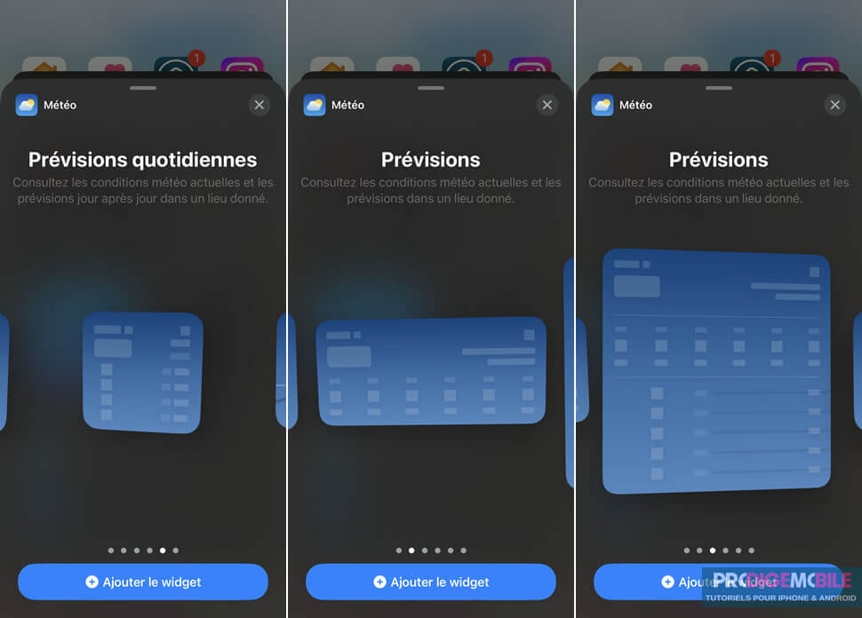 Comparaison des tailles de widgets iPhone petit moyen et grand format