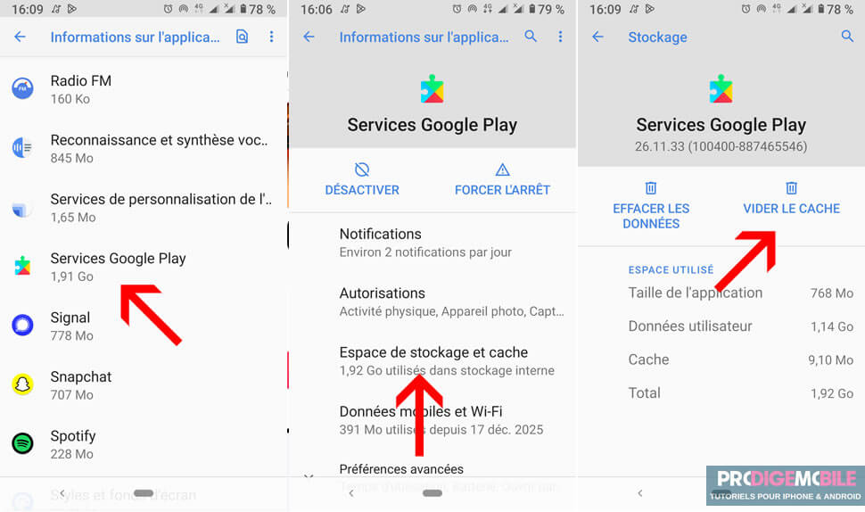 Menu Android permettant de vider le cache des Services Google Play
