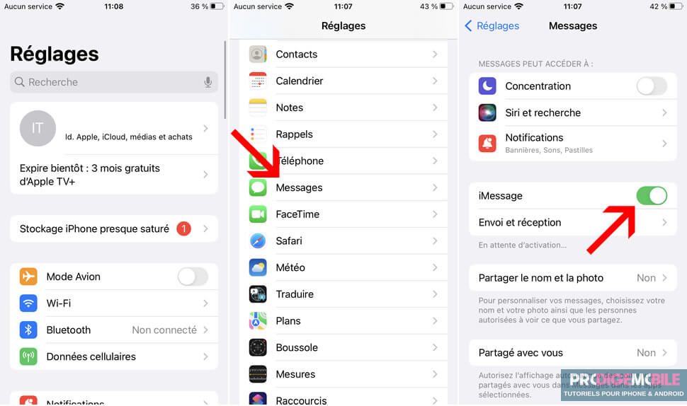 Activation iMessage dans les réglages iPhone pour synchroniser les messages avec Mac