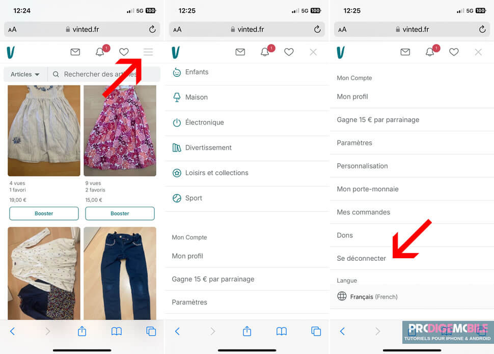 Page du compte Vinted ouverte sur un ordinateur pour fermer la session