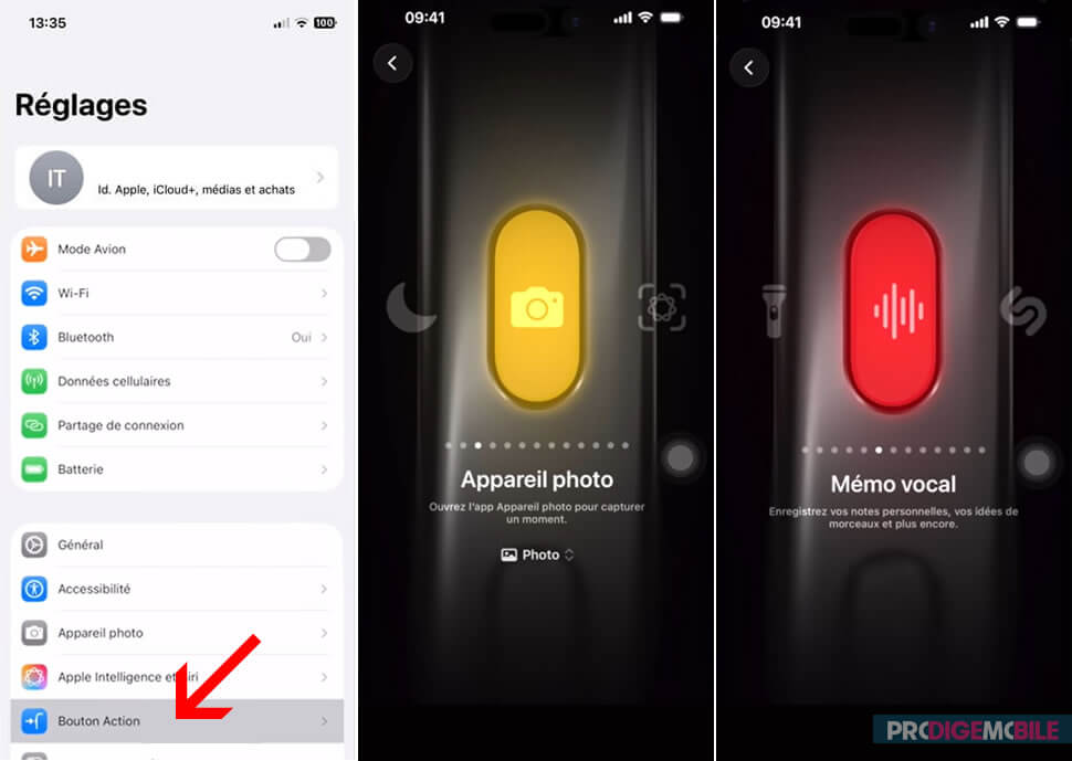 Écran des réglages pour configurer le bouton Action sur iPhone