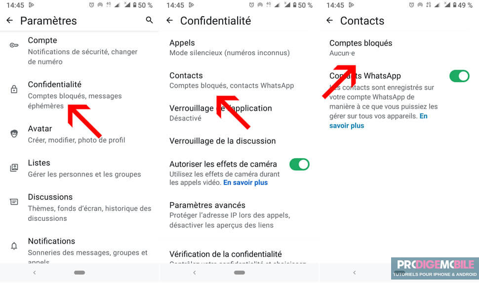 Liste des comptes bloqués accessibles depuis les paramètres de l’application WhatsApp
