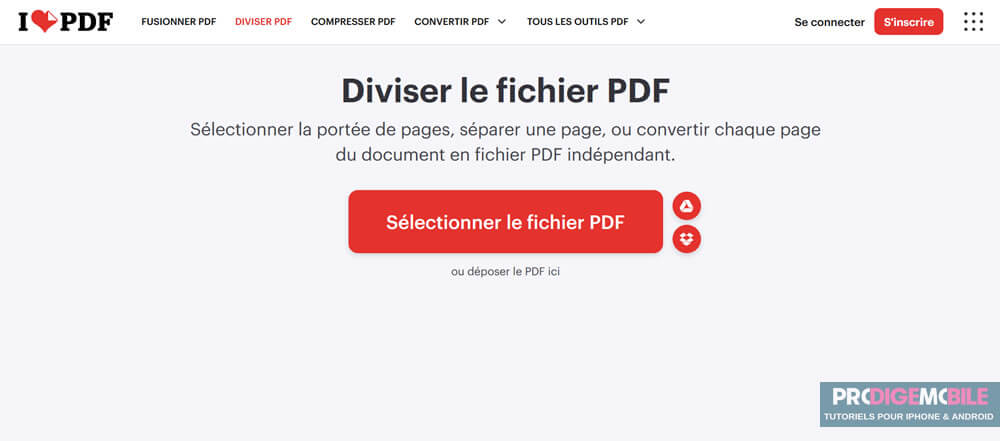 Interface iLovePDF utilisée pour couper un PDF et extraire des pages