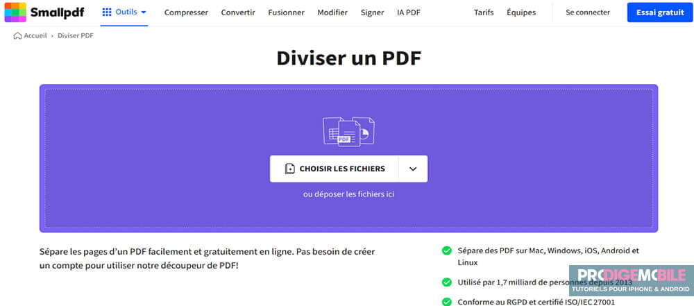 Site SmallPDF permettant de diviser un PDF en plusieurs fichiers