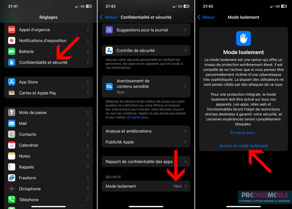 Menu confidentialité et sécurité de l’iPhone avec l’option mode Isolement affichée