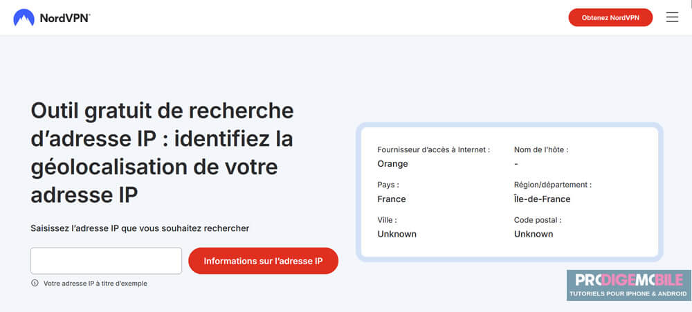 Recherche d’une adresse IP avec NordVPN IP Lookup sur smartphone