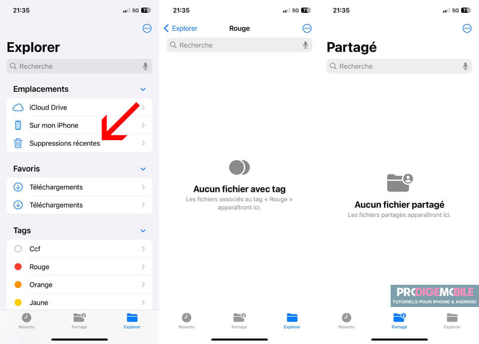 Dossier Supprimés récemment dans l’application Fichiers sur iPhone