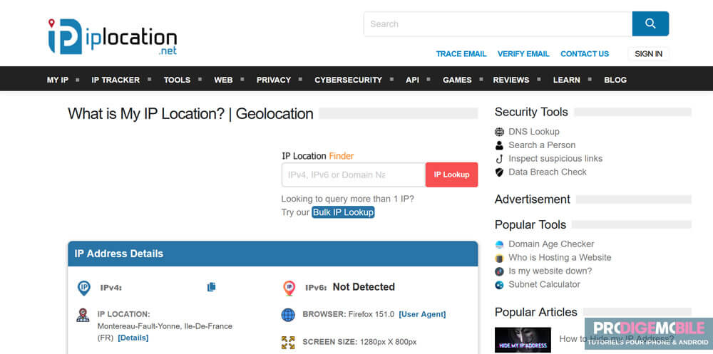 Outil en ligne affichant la localisation approximative d’une adresse IP sur mobile