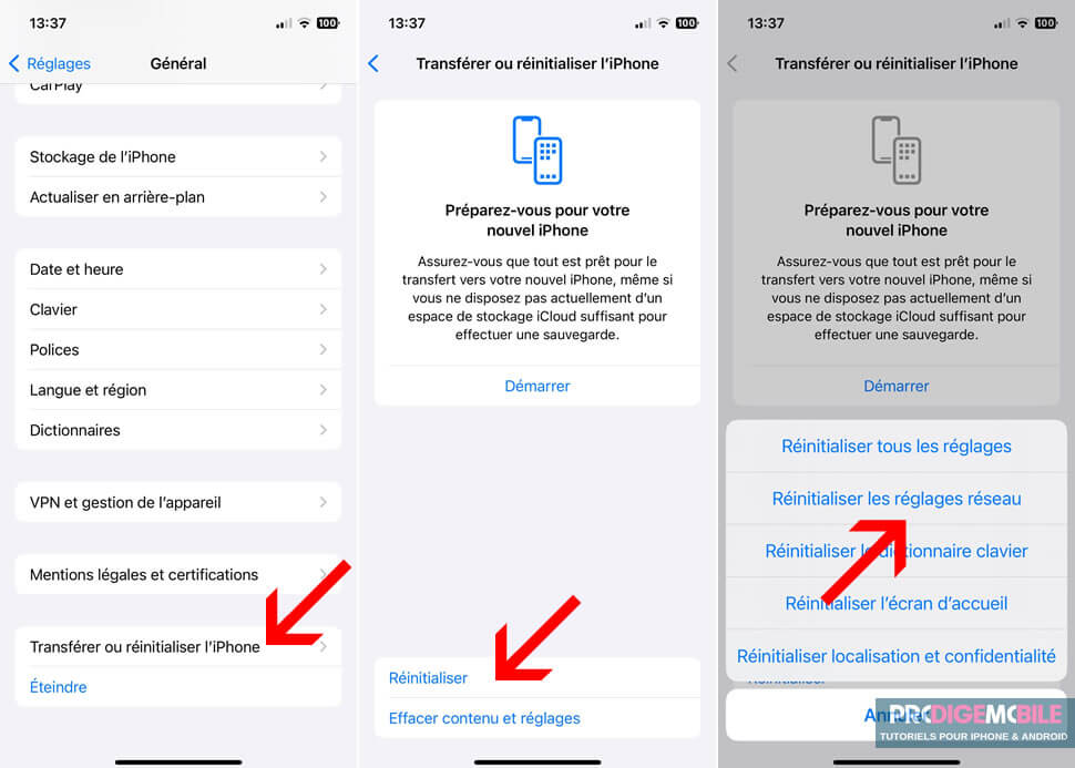 Meun iOS pour une réinitialisation des réglages réseaux