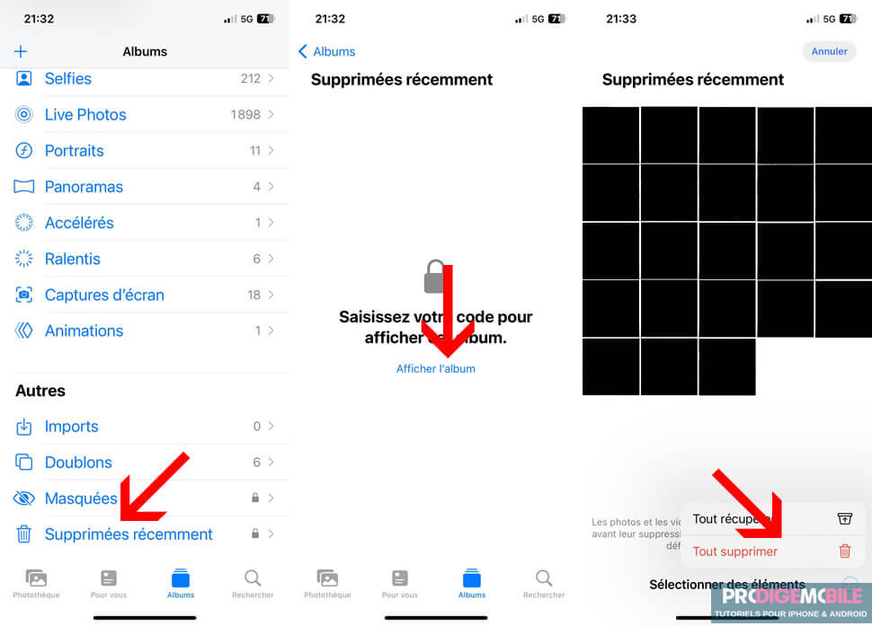 Album Supprimés récemment dans l’application Photos sur iPhone