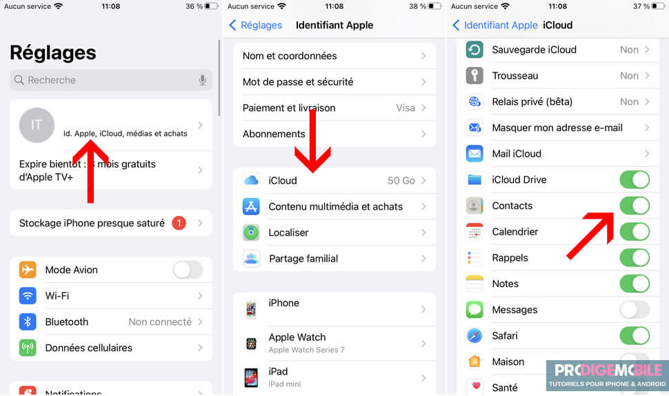Activation de la synchronisation des contacts iCloud sur iPhone dans les réglages