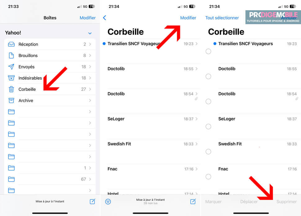 Dossier Corbeille de l’application Mail contenant des e-mails à supprimer