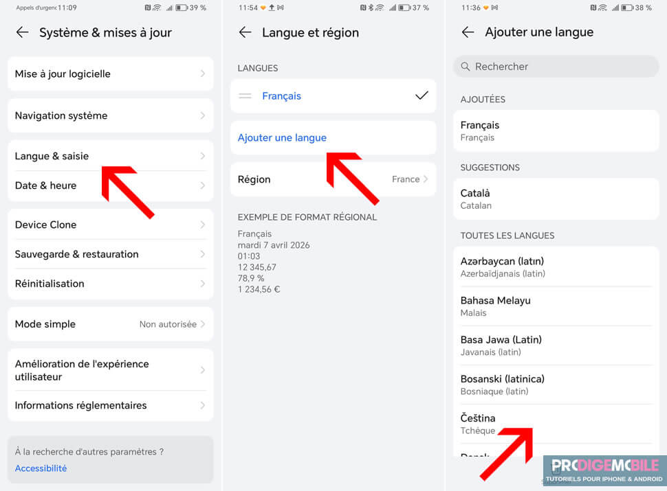 Option Ajouter une langue affichée dans les réglages d’un smartphone Android