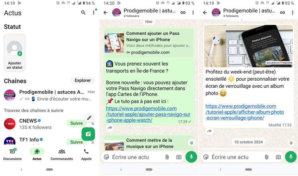 Exemples de contenus à publier sur une chaîne WhatsApp comme des messages, images et vidéos