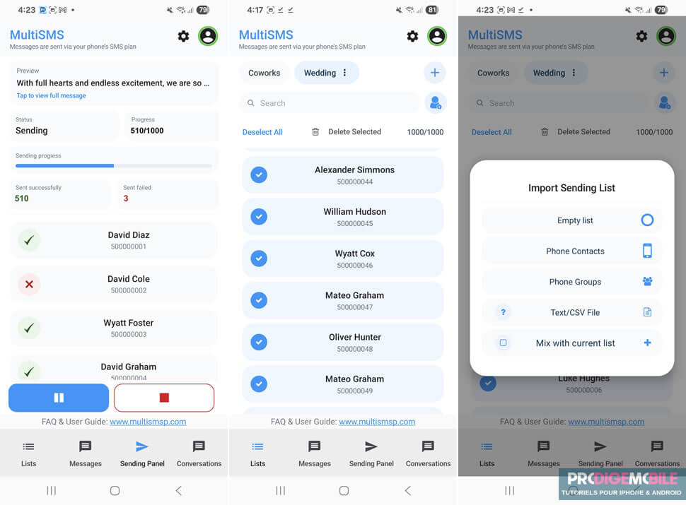 Application Android spécialisée dans l’envoi de SMS groupés et la gestion de listes de contacts