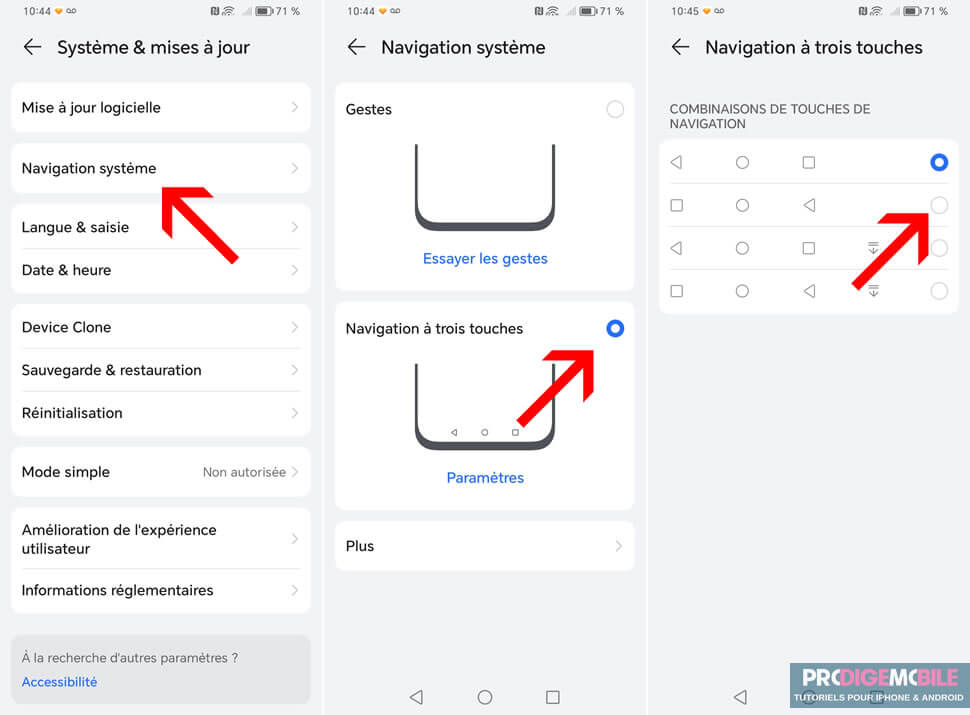 Menu d’un téléphone Honor pour changer l’ordre des boutons retour et applications récentes
