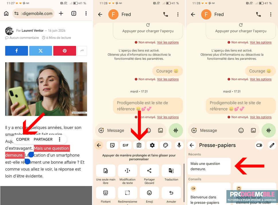 Coller du texte à partir du clavier Gboard de Google