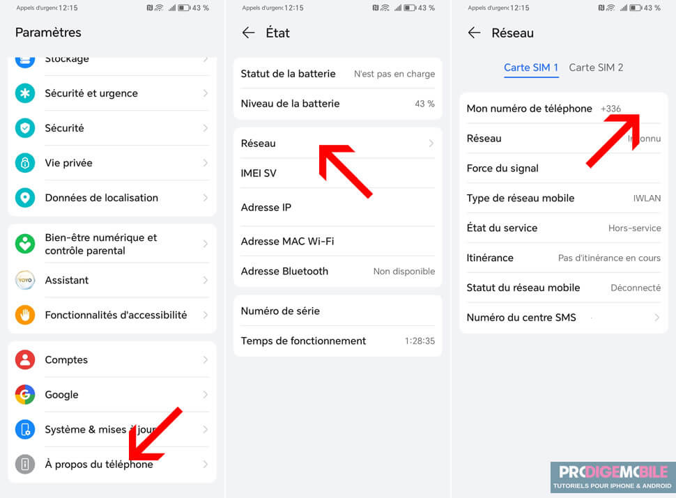 Consultation du numéro de téléphone dans les paramètres d’un smartphone Honor