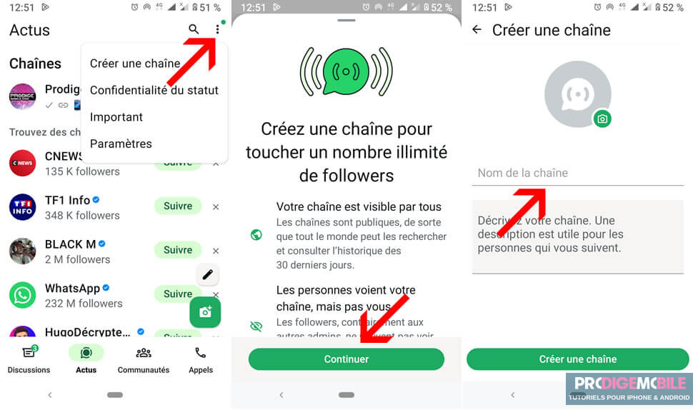 Création d’une chaîne WhatsApp depuis l’application Android