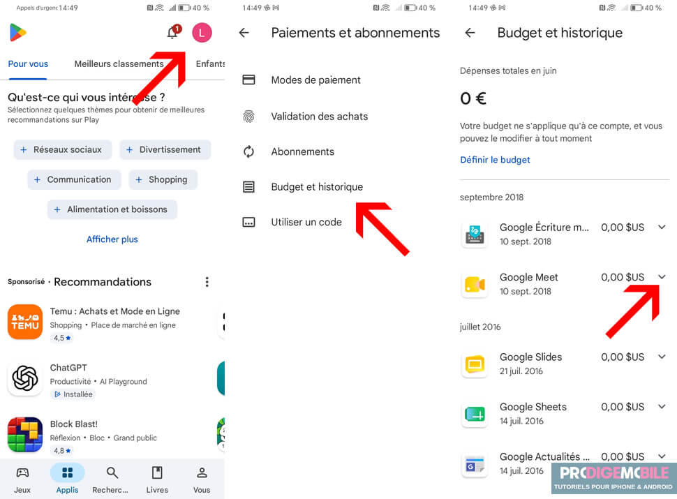 Écran du Google Play Store sur Android pour demander le remboursement d’une application