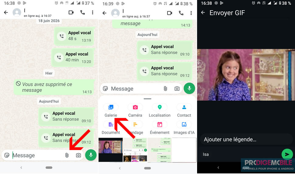 Envoi d’un GIF sur WhatsApp depuis la galerie d’un téléphone Android