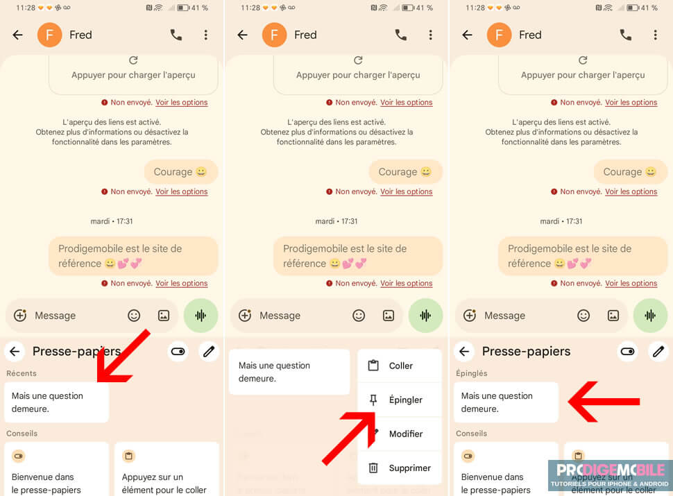 Option permettant d’épingler un texte copié dans le presse-papier Android