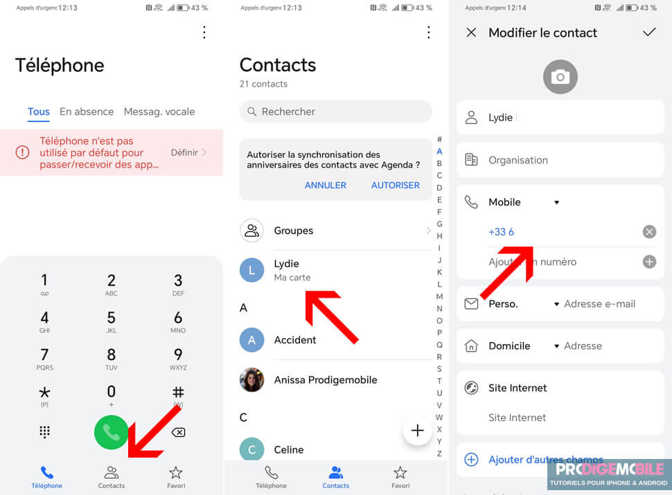 Fiche contact affichant le numéro de téléphone de votre carte SIM
