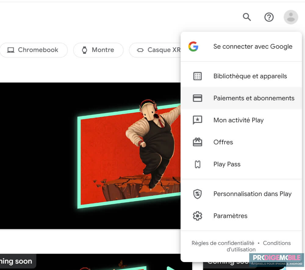 Formulaire de demande de remboursement depuis le site web Google Play